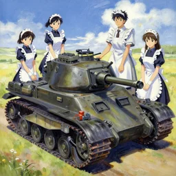 anime key visual concept art of fantasy rail canon tank with anime maids, trending on artstation, brush strokes, oil on canvas, style of kawacy and makoto shinkai and greg rutkowski