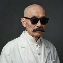 asian old skinny scientist, bald, big moustache, black sunglasses, white gown, intricate, elegant, digital painting, highly detailed, artstation, sharp focus, illustration, artgerm, aleksi briclot, rutkowski