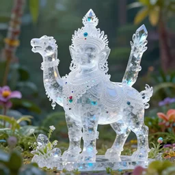 vajrakumara sculpture made of crystal and shiny fine ice, shiny ornaments, bioluminescence, vegetation, colorful, rim light, highly detailed, tilt shift, digital painting, concept art, smooth, sharp focus, pleasing aesthetics, josan gonzalez, michael dante dimartino, simon stalenhag, octane render, disney pixar, 4 k