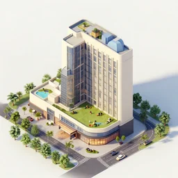 art by filip hodas, pixar, and artgerm. level design hotel, clean, advertising, entertainments, outside, exterior, fly view, isometric