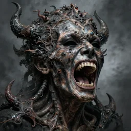 a portrait of a screaming soul, inner demons, detailed, organic, darkart, dark, intricate detail, epic, atmospheric dramatic lighting, mist, grey, expressive, by jeremy mann