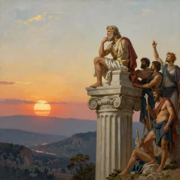 a sublime and awe-inspiring Thomas Cole style matte painting of Zeus contemplating humanity\'s predicament atop an enormous Greco-Roman column while the sun sets upon Mount Olympus in the distance, 4k
