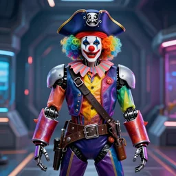 a portrait photo of a futuristic sci - fi pirate, rainbow themed, robot pirate, clown