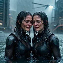 cinestill 5 0 d candid photographic portrait by jj abrams of two loving female androids sobbing wearing rugged black mesh techwear in treacherous waters, flooded city, medium closeup, retrofuturism cyberpunk moody emotional cinematic, pouring iridescent rain bright spotlight helicopter, 8 k, hd, high resolution, 3 5 mm, f / 3 2, ultra realistic faces, ex machina