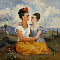 oil painting of Frida kahlo and Jane Austen embracing on top of a hill