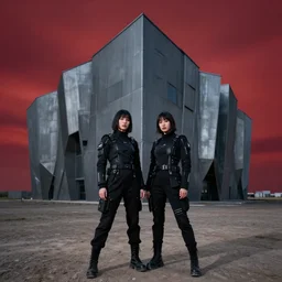 cinestill 5 0 d photograph of 2 women wearing black techwear in front of a brutalist sharp - edged metal building, on a desolate plain, red eerie sky, sigma 8 5 mm f / 1. 4, 4 k, depth of field, high resolution, highly detailed, 4 k, 8 k, hd, full color, raw, unedited