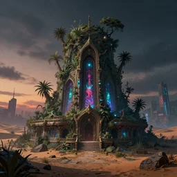 a beautiful ultradetailed illustration of building shrine nature architecture abandoned by thomas cole, at night retro desert at dusk assassin's creed neon noir at dawn bioshock venus myst junglepunk steampunk nightvision sea vice city overcast, archdaily, wallpaper, highly detailed, trending on artstation.