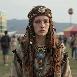 detailed ultrarealistic 4 k photography front medium shot of sadie sink, coachella, postapocalyptic, mongolian, fantasy, starwars, artstation cinematic, vray