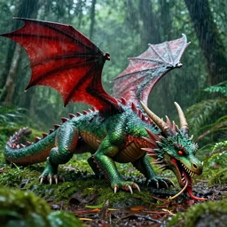 a green and red dragon eating in a rain forest