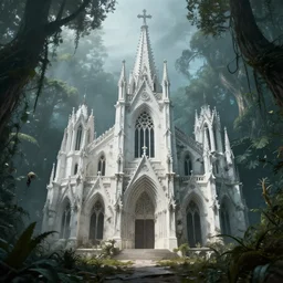 concept art of an abandoned white bone gothic cathedral, exterior architecture within an enchanted magic jungle, beautiful landscape, sharp focus, hyper detailed, hyperrealism, volumetric, by zack snyder, ethereal, unreal engine 5, ominous, misty, dappled lighting through trees, cinematic, creepy, 8 k
