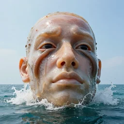 a massive sculpture of a squashed human face made out of dripping jelly, on the ocean water, worms instead of eyes, cinematic, hyper - realistic, very detailed, realistic water splashes, ray tracing, 8 k resolution, long - shot, sharp focus, low angle, 8 5 mm photograph, wide lens