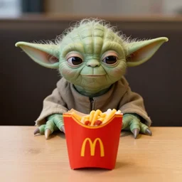 yoda, sad, yoda sitting behind a table inside mcdonald's, small red cardboard box on table, yellow m logo on box, tiny cheeseburger 3 5 mm, f / 2. 8