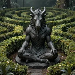 Minotaur meditating, hedge maze, dark fantasy esoteric, D&D, fantasy, cinematic lighting, intricate, elegant, highly detailed, digital painting, artstation, concept art, matte, sharp focus, illustration