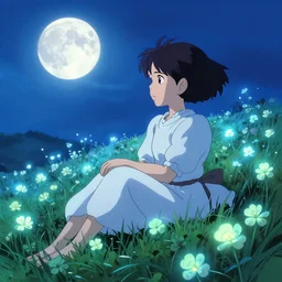 Chaika sitting in a field of Ghibli Clover | Big Moon at Blue Night | GLOWING FLOWERS | strong blue rimlit | visual-key | anime illustration | highly detailed High resolution | in the style of “The Garden Of Words” anime movie