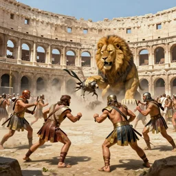 inside the crowded roman colliseum, a giant monster like a lion rat insect, fighting agains five gladiators at kingdom of julius caesar by world renowned artist, trending artstation, historical artworks, ruins, hiperdetailed