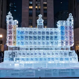 a gorgeous ice sculpture of the periodic table of elements, central time square, digital art, dynamic lighting, crystal clear, beautiful, award winning picture