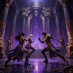 fantasy sci fi characters fight in ancient temple, dark vibrant colors, action scene, 8 k, lumen reflections, sharpened, insanely detailed and intricate, hypermaximalist, elegant, ornate, hyper realistic, super detailed, digital art, purple