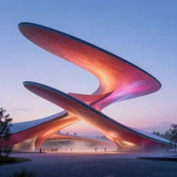 sculptural curved roof planes lift and descend creating shade and architectural expression, highly detailed, vivid color, mist, dusk, axonometric