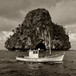 photorealistic sepia painting of a 1 9 2 0 s fishing boat sailing in front of a tropical island cliff with the mouth of a grotto at the waterline, dark, brooding, atmospheric, lovecraft, by dave dorman