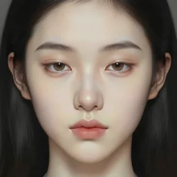 portrait of a young adult with a heart shaped face, pale ivory skin, downturned hazel eyes, button nose, thin light pink lips, natural straight eyebrows, long thin black hair, beautiful, intricate facial features, hyperrealism, elegant, highly detailed, digital painting, trending on artstation, deviant art, by artgerm and greg rutkowski and alphonse mucha