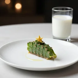 a fine dining plate of slice cactus, glass of milk, michelin star, fine dining, bokeh