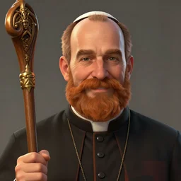 A handsome portrait of middle aged cleric with a receding hairline and a ginger beard holding a staff, kind eyes, character art, concept art, character design, happy, cinematic, hyper detailed, matte painting, portrait, attractive face, Bayard Wu, Greg Rutkowski, Cedric Peyravernay, Anato Finnstark, artstation, 8k