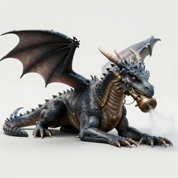 hyper realistic dragon lying down with steam punk breathing apparatus on its back, white background, full frame, art byjon foster
