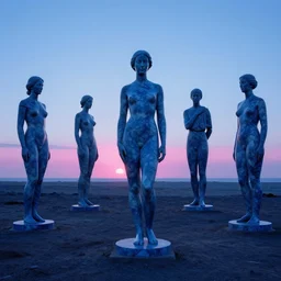 giant blue marble statues of women with pink light on the horizon by andreas achenbach and carl gustav carus and thomas cole and delphin enjolras, and dali, blue mood, blue light