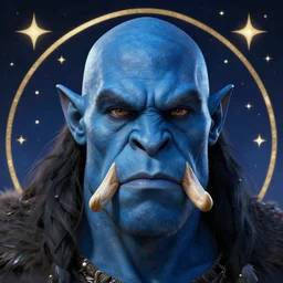 centralized head - on character portrait, blue - skin handsome orc barbarian, bald, tusks, stars and night background, alphonse mucha, rhads, ross tran, artstation, artgerm, octane render, 1 6 k