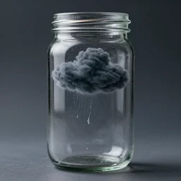 A photo of a tiny rain storm inside a jar,dark clouds inside a jar, studio photo, highly detailed,studio lighting