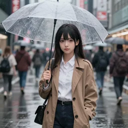 a generic anime girl holding an umbrella, in a busy metropolitan city on a rainy day, Koji Morimoto, Genius party Beyond