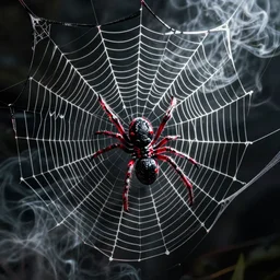 spider spirit spider dreams, red and black, white spider web, ghost, smoke