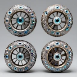 four wheels sparkling as if made of beryl. all four wheels look alike ; each wheel had a second wheel turning crosswise within it. the rims of the four wheels are tall and frightening, and they are covered with eyes all around, ultrarealistic
