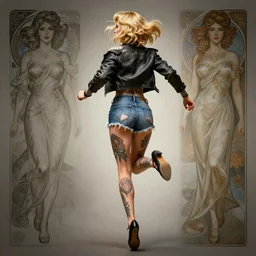 tattooed pinup girl naomi watts wearing a jacket and ripped shorts running and jumping, character sheet, character design, contrast, deep focus, turnaround, highly detailed, dramatic lighting, rear view, zenith perspectiva, digital painting, artstation, concept art, matte, sharp focus, illustration, elegant, art by artgerm and greg rutkowski and alphonse mucha.