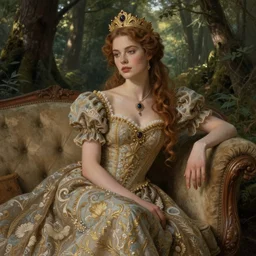 the queen of good vibes sitting by herself on a sofa in a forest, drawn by CloverWorks, intricate detail, elegant,