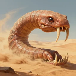 style artgerm, joshua middleton, hubert robert, a giant sandworm creature in the desert, long sharp teeth, sand swirling, detailed, desert background setting, volumetric lighting
