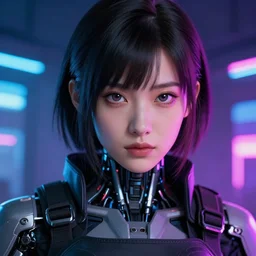 beautiful close - up portrait of a cyborg mercenary girl, art by wlop and liam wong, cyberpunk, neon, combat armor, head and shoulders, long hair, intricate details, trending on artstation, sharp focus, caustics, octane render, radiant light, 4 k