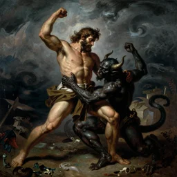hercules fighting a giant devil. dark, atmospheric, stormy weather, gustave dore, italy 1 8 1 6