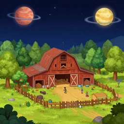 inside a farm barn, on a remote planet, from a space themed point and click 2 d graphic adventure game, very detailed, art inspired by thomas kinkade