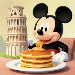 obese Mickey Mouse, eating a stack of pancakes in the shape of the Tower of Pisa