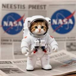 cat as astronaut at nasa press, photorealistic, 4 5 mm bokeh, newspaper photo