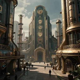 photorealistic image of a retro futuristic industrial urban life, art nouveau, by chris moore