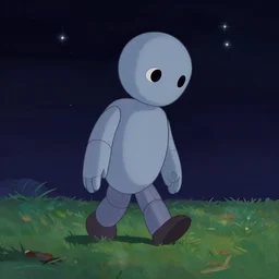 a beautiful painting of sad robot walking on grass, by walt disney animation studios, concept art, cinematic, cartoon style, dark sky with stars, super details, 2 d, 8 k, walt disney