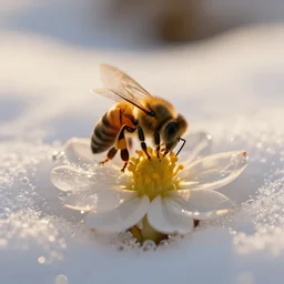 a bee finding a beautiful flower, entrapped in ice, only snow in the background, beautiful macro photography, warm ambient light