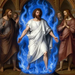 hank hill wearing a white toga, emerging from blue fire, surrounded by blue flames, renaissance religious painting, late gothic religious paintings, byzantine religious art, painting by duccio di buoninsegna and carlo crivelli, detailed, trending on artstation