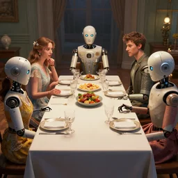 a table dinner of android robots where robots are dressed like the characters from the midsommar movie, human has robot face, realistic detailed digital art by maxwell boas jessica rossier christian dimitrov anton fadeev trending on artstation cgsociety rendered in unreal engine 4 k hq