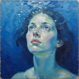 oil paint impasto relief, portrait of woman's face, deep under water, lots blue colours, lit from above, looking up, air bubbles, multi layered thick brush marks, some splattered paint, in the style frank auerbach and magritte