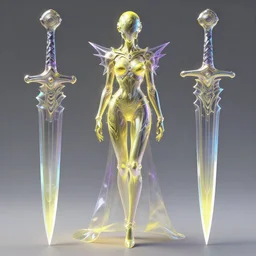 a full body character design by artgerm, greg rutkowski and alphonse mucha. sci - fi dagger. yellow and bluish violet translucent plastic tape project show attctive showgirl!! sci - fi helmet!! sharp edges. contour light effect!!. ultra detailed, elegant, intricate, octane render.