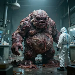 a huge blobby flesh creature grows out of control in a grungy science lab, horror movie scene, a man in a hazmat suit
