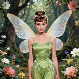 audrey hepburn as a fairy with wings, digital art, inspired by artgerm and tinkerbell, border of flowers, classic beauty, flowers in hair, angelic, standing in the forest